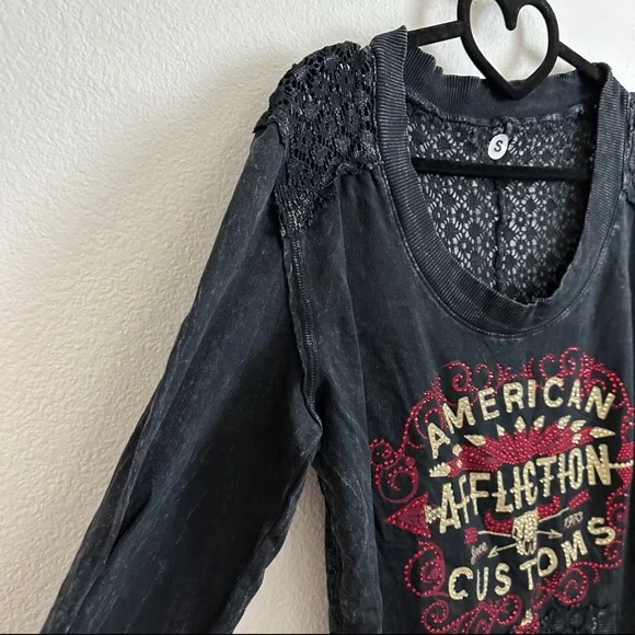 NWOT Affliction Black Mineral Washed Jeweled Graphic Crochet Cotton Top Size S - Picture 5 of 9